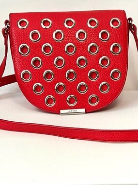Nine West Dima Grommet Saddle Crossbody Bag Red Faux Leather Silver Hardware